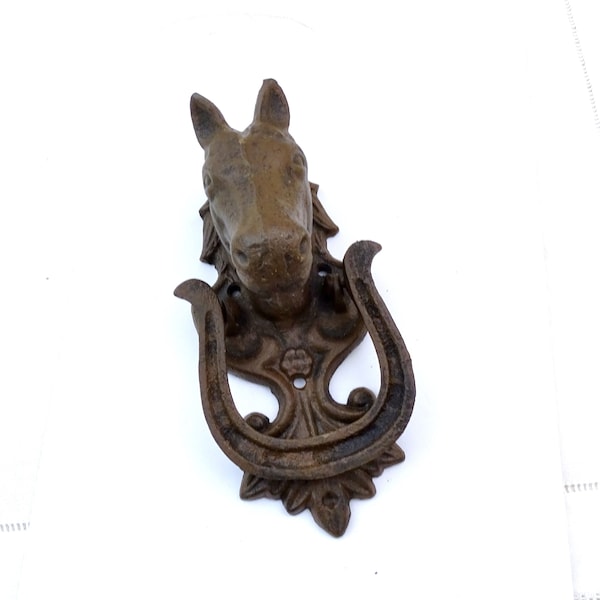 Vintage French Cast Iron Horseshoe Stallion Door Knocker ,Horse Head Metal Entrance Knocker, Retro Equine Front Door Accessory from France