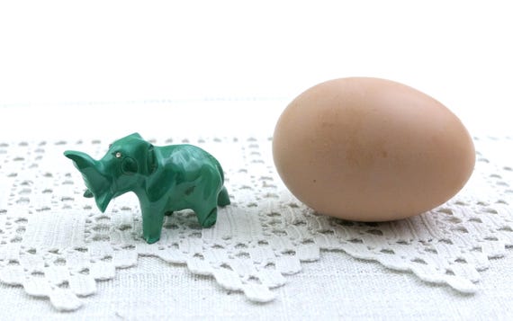 Small Vintage Carved Malachite Elephant Figurine with Crystal Eyes, Tiny Retro Collectible Green Stone Carving of African Animal