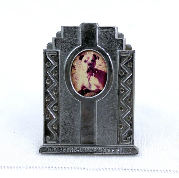250gm Small Vintage French Art Deco Chromed Metal Free Standing Portrait Photo Frame with Picture Pet Dog, Retro 1930s Home Decor