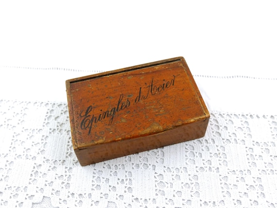 Small Antique French Wooden Box for Pins with Lid, Retro Curio Jewelry Container from France, Country Farmhouse Wood Decor France