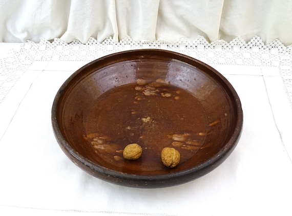 Very Large Antique French Primitive Earthenware Round Dish, Vintage Upcycled Pottery Fruit Dish, Country Farmhouse Kitchen Decor from France