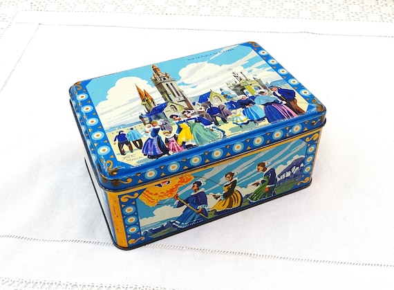 Vintage French Lithographed Metal Cookie Tin from Brittany with Colorful Images of Pleyben Church by Gateaux d'Arrie, Retro Breton Biscuits