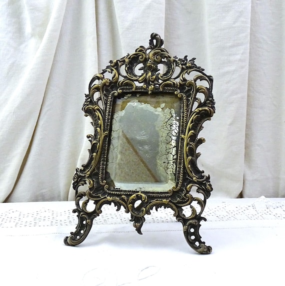 Antique French 18th Century Free Standing Worn Silver Plated Bronze Framed Distressed Mirror, Retro Rococo Ornate Framed Looking Glass
