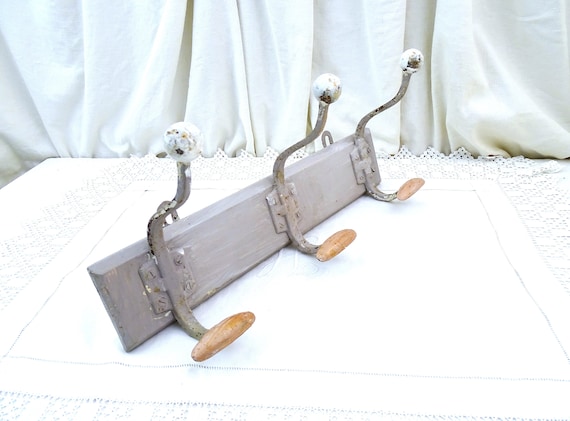 Vintage French 3 Hook Metal Coat and Hat Rack on Wooden Mount in Gray Chalk Paint, Vintage Clothes Hanging Storage Accessory from France