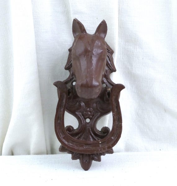 Vintage French Cast Iron Horseshoe Stallion Door Knocker ,Horse Head Metal Entrance Knocker, Retro Equine Front Door Accessory from France