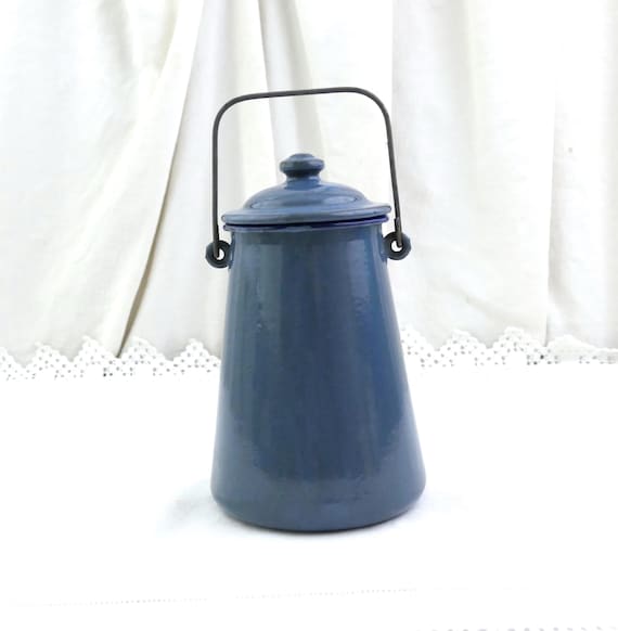 Antique French Blue Enamel Milk Can: Cottagecore Kitchen Decor
