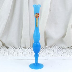 Tall Thin Vintage Stelvia Opalina Fiorentina Blue Glass Bud Vase , Italian Mid Century Opaline Art Glass, Original Label, 1960s 1970s