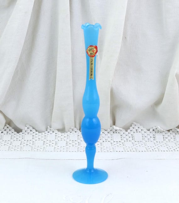 Tall Thin Vintage Stelvia Opalina Fiorentina Blue Glass Bud Vase , Italian Mid Century Opaline Art Glass, Original Label, 1960s 1970s