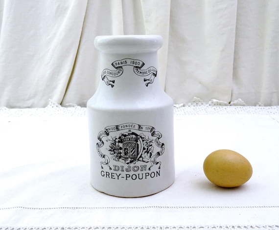 Large Antique French White Pottery Pot for Dijon Grey Poupon Mustard, Vintage Ceramic Kitchen Decor France, Retro Country Farmhouse Interior