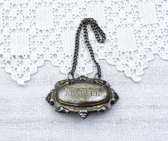 Antique Silver Plated Embossed Metal Spirt Bottle Label for Genever, Vintage Curio Dinner Party Accessory Retro Barware Name Tab from France