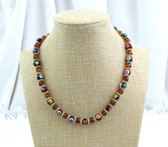 Vintage Italian Venetian Moretti Millefiori Glass Murano Round Glass Bead Necklace, Retro Handmade Colorful Glassware Jewelry from Italy