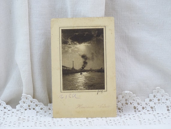 French Antique Black and White Postcard of the River Seine at Night with the Eiffel Tower in the Background, Retro Parisian Souvenir France