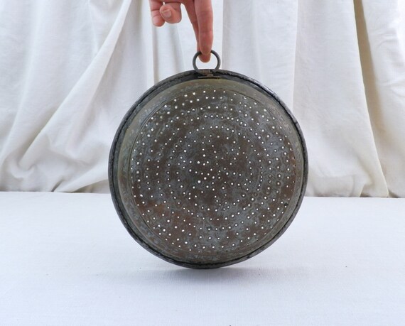French Antique Hand Crafted 19th C Tin Lined Copper Strainer / Colander with Wall Hanging Loop, Country Farmhouse Kitchen Decor from France