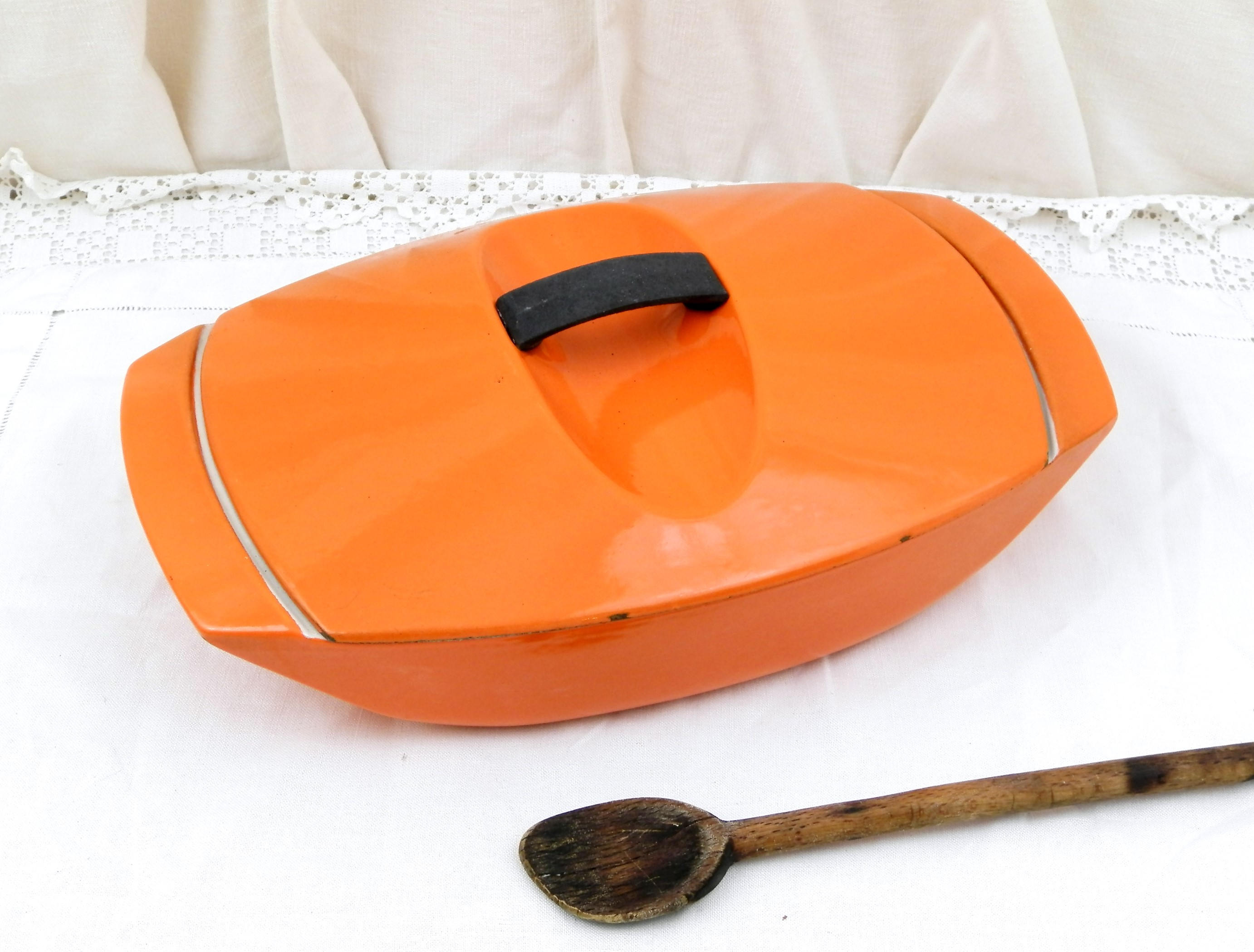 Vintage French Designer Bright Orange Enameled Cast Iron Le Creuset 4.5 Cooking Pan / Pot and