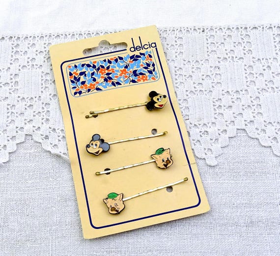 4 Vintage New Old Stock Licensed Disney Enameled Metal Hair Slides with Mickey Mouse and Piglet by Delica, Retro Fun Hair Clips for Kids
