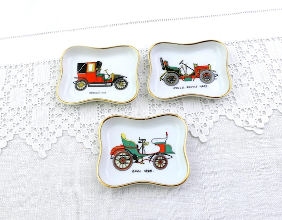 Set of 3 Small Vintage French Limoges Porcelain China Dishes with Illustrations of Early Cars Opel 1898 Rolls Royse 1903 Renault 1914