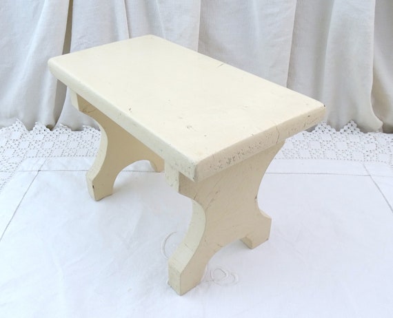 Small Vintage French Off White Painted Foot Stool, Retro Old Style Country Farmhouse Beige Colored Step, Little Furniture from France