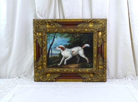 Vintage Hand Painted Painting Oil on Board of Running Dog with Ornate Gilded Wooden Frame, Retro Hunting Canine Picture with Gold Frame