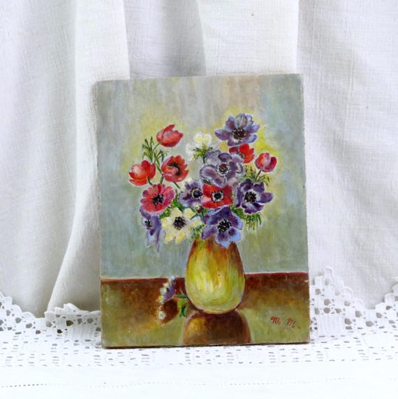 Small Hand Painted Vintage French Flowers in Vase on Wooden Board, Retro Painting of Naif Art Floral Composition France, Primitive Artist