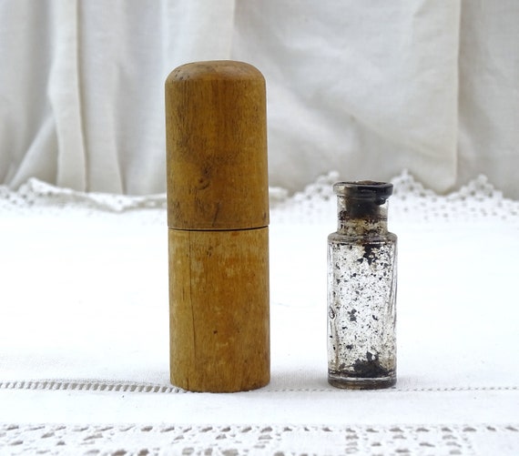 Small Antique French Ink Bottle with Wooden Travel Carrying Case, Vintage Writing Curio from France, Country Farmhouse Cottagecore Decor