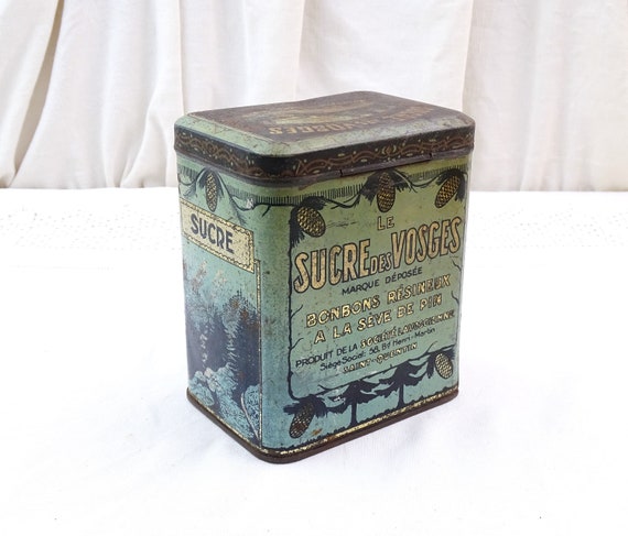 Vintage French Cafe Canister Metal Box by Sucre des Vosges in Blue Gold, Retro Country Farmhouse Kitchen Decor France, Old Style Cottage Tin
