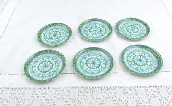 Set of 6 Vintage French Mid Century Melamine Drinks Coasters with Turquoise Pattern by Voluform,  Camping RV Camper Van  Tableware Accessory