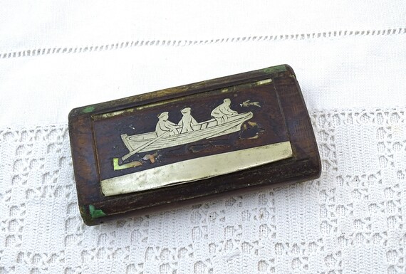 Small Antique French Inlayed  Wooden Snuff Box with Fishermen, Vintage Little Container made of Wood from France, Pocket Sized Curio Decor