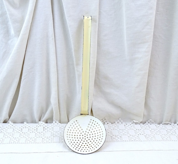 French Vintage Pale Yellow and White Enameled Metal Strainer, Enamelware Serving Spoon from France, Country Brocante Farmhouse Kitchen Decor