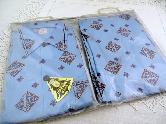 Vintage French 1960s New Old Stock Men's Pajama Set in Blue with Brown Pattern of Cotton and Rayon, Retro Unused Night Sleeping Attire