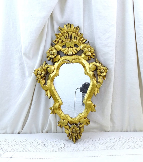 Antique French 19th C Baroque Carved Wooden Gold Gilded Ornate Wall Mirror, Vintage Baroque Rococo Decorative Gilt Looking Glass France