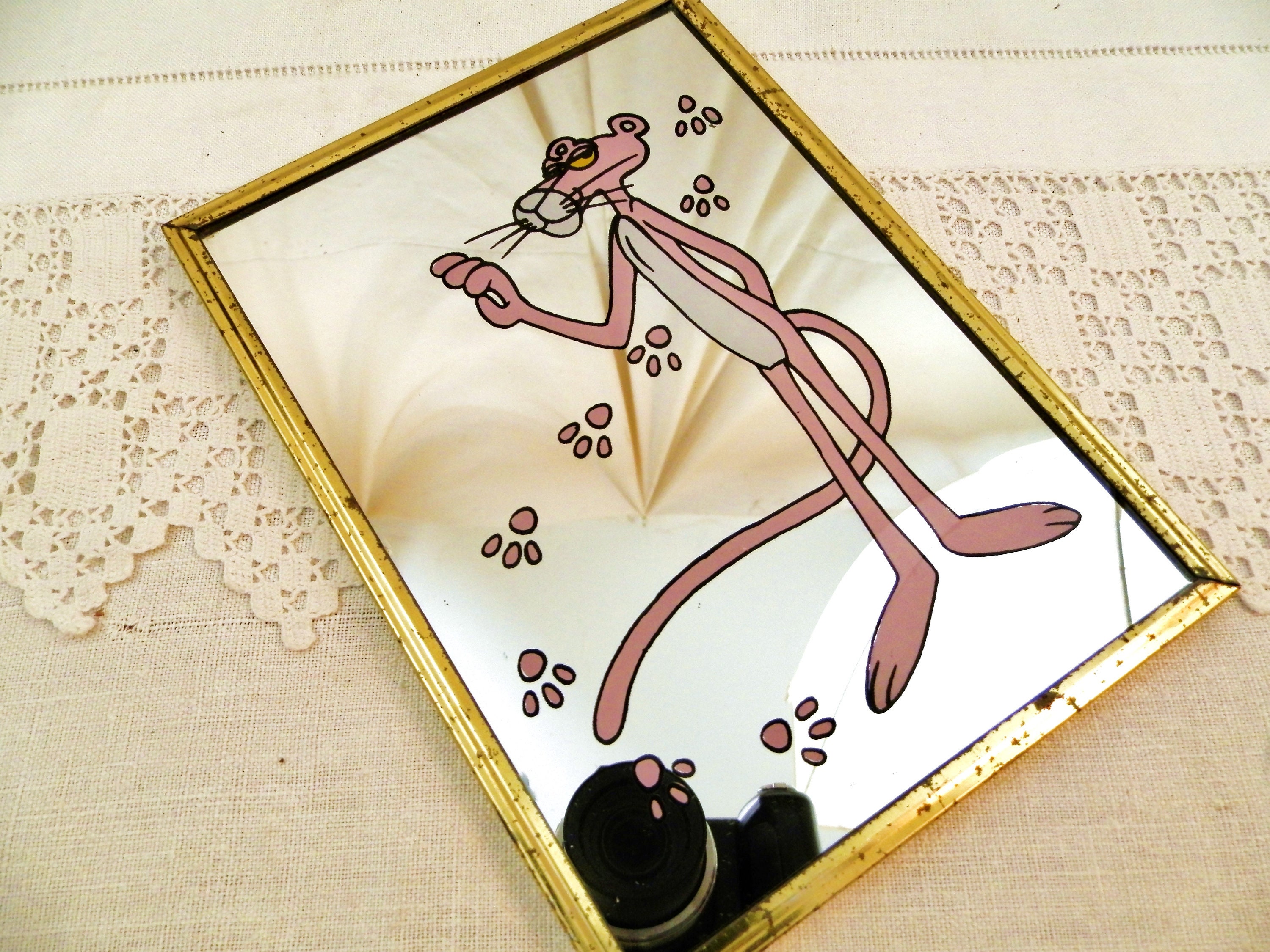 Small Vintage 1970s Wall Hanging Pink Panther Mirror, Retro