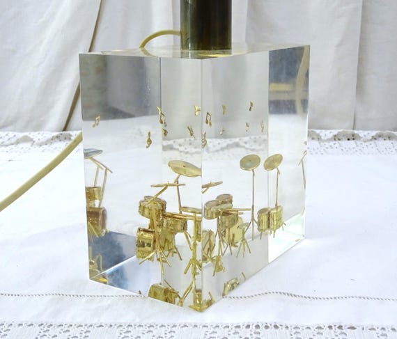 Vintage Mid Century Pierre Giraudon Rectangular Clear Resin Lamp Base with Golden Drum Kit, Retro MCM Fun Sculptural Light Gift for Musician