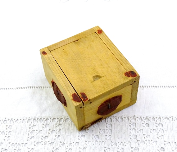 Small Vintage French Wooden Box with Sliding Lid and Wax Seals, Retro Upcycled Curio Jewelry Container France, Country Farmhouse Decor