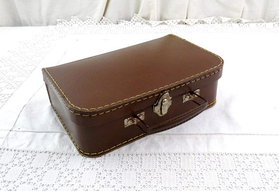 Small Vintage French 1960s Childs' Brown Cardboard Case with Metal Handle, Retro Kid's Battered Suitcase from France, Old Little Travel Bag