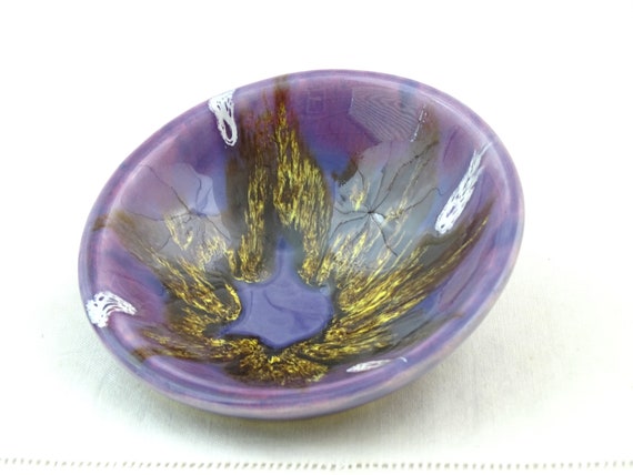 Vintage French Vallauris Mid Century Modern Round Trinket Dish in Purple with Drip Glaze Pattern, Retro 1960s Pottery Ring Bowl from France