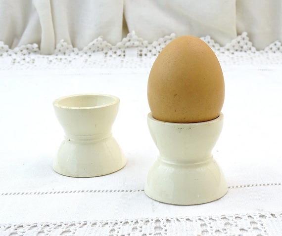 2 Antique French Double Ended White Pottery Egg Cups, Vintage 2 Sized Eggcup from France, Retro Country Farmhouse Breakfast Table Crockery