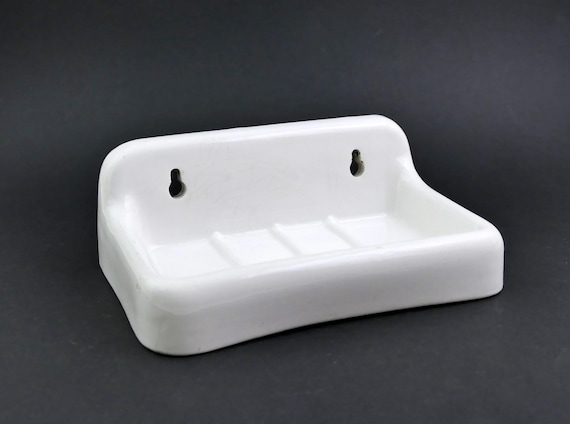 Vintage French White China Wall Mounted Soap Dish by HBCM Hippolyte Boulenger Creil Montereau, Retro Ceramic Bathroom Soap Bar Holder