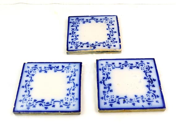 3 Antique French Desevre Square Glazed Pottery Tiles Blue and White Pattern, Victorian Kitchen Decor Bathroom Wall Ceramic Splash Back