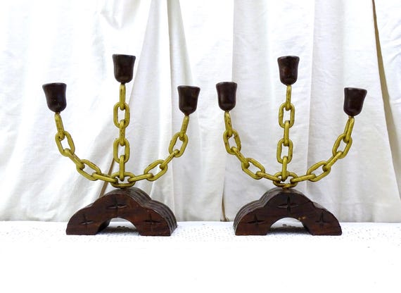 Matching Pair of Brutalist Chain Candelabra Vintage Antique French in Gold with Solid Oak Base, 2 Retro 1960s Welded Chain Candle Holders