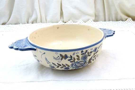 Large Antique French Hand Painted 2 Ears Bowl with Blue and Gold Pattern, Retro Pottery Dish from France, Country Farmhouse Kitchen Decor