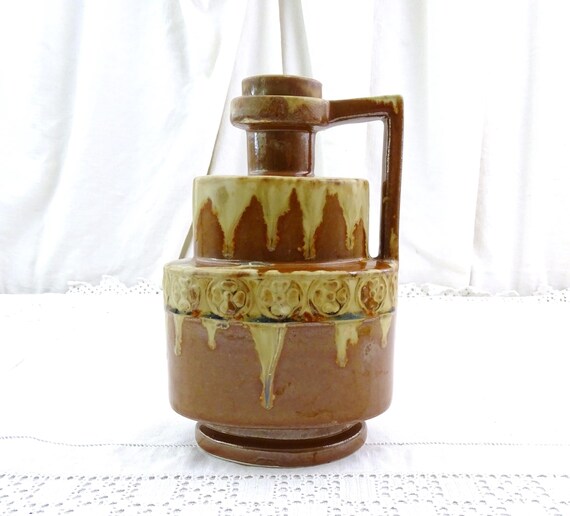 Antique French Art Deco Ceramic Bottle with Handle and Stopper in Earthy Brown Tone Drip Glaze, Retro 1920s Design Studio Pottery France