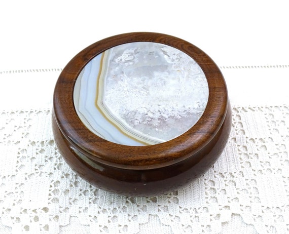 Vintage 80s Round Wooden Trinket Box with Pale Blue Polished Veined Agate Stone Inaid Lid, Eco Natural Materials Jewelry Box from France