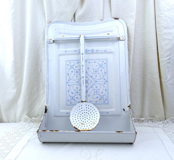 Antique French White Enamel with Blue Pattern Wall Mounted Drip Tray with Strainer, Retro Country Kitchen Cooking Decor Item from France