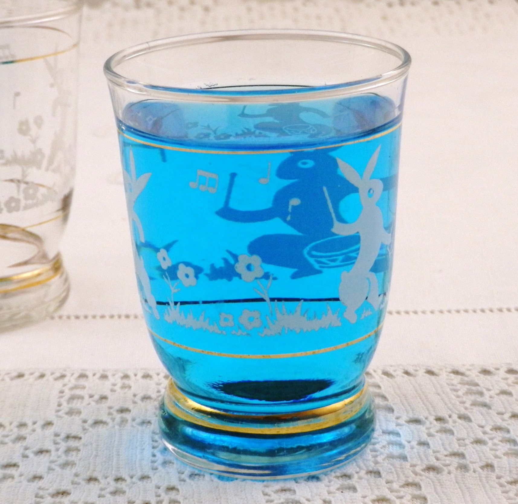 2 French Vintage Water Glasses with Printed Images of Bunny Rabbits