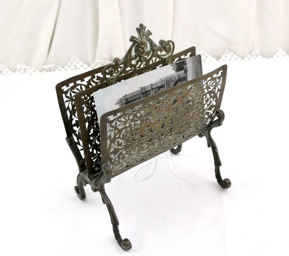 Antique French 19th C Brass Letter Holder with Cut Out Design and Mascaron, Vintage 1800s  Office Desk Correspondence Accessory France