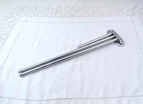 Vintage French Wall Mounted Art Deco Chrome Plated Swivel Towel Rack with 3 Rods, Retro 1930s Bathroom Silver Tone Towel Hanger from France