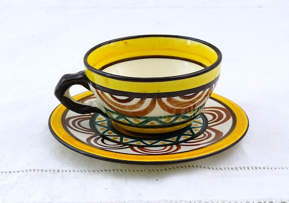 Vintage French Hand Painted Coffee Cup and Saucer with Traditional Breton Pattern by Saint Jean de Bretagne, Retro Tea Cup Celtic Design