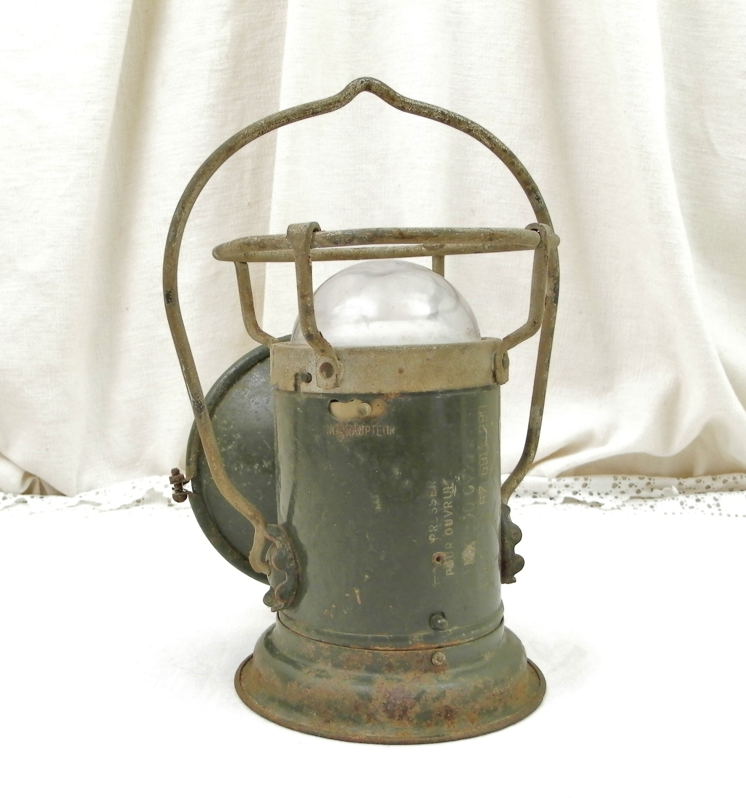 Vintage Khaki Green Metal Military Flash Light, Large Standing Round