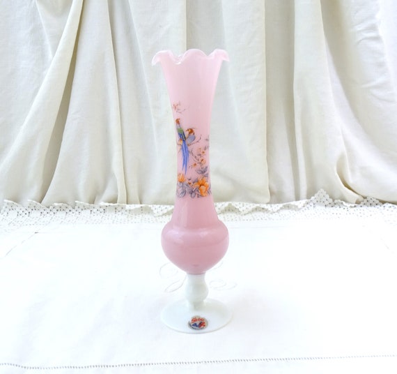 Vintage Mid Century Italian Pink and White Stelvia Opaline Tall Vase with Colorful Parrot Pattern, VTG MCM Pastel Milk Glass Flower Item