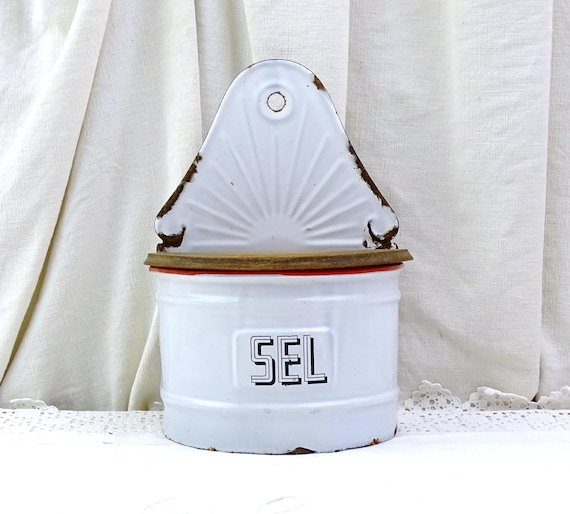 Antique White Enamel Wall Mounted Salt Box with Wooden Lid Black Lettering Sel, Vintage Country Cottage Farmhouse Kitchen Decor from France